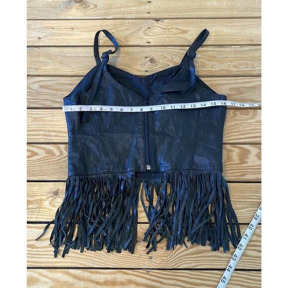 Echtes Leder Leather Sleeveless Fringed Tank Top Size Large Women’s Black Zip Up - Picture 7 of 7